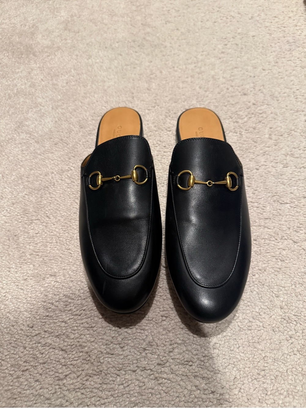 Gucci Black Leather Horsebit Mules with Gold Hardware